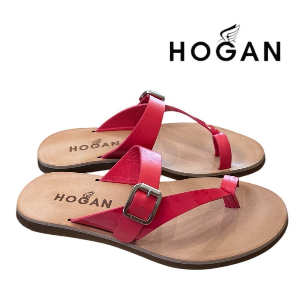 NEW HOGAN Women's Pink Leather Buckle Flip Flop Slip Sandals Dust Bag 37 7